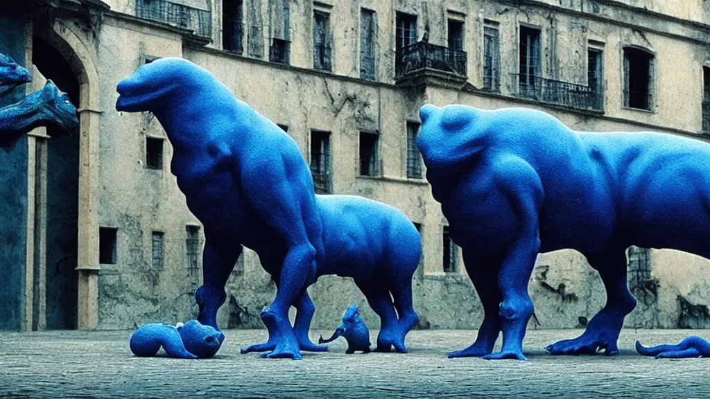 Image similar to the square creature in courtyard, made of blue liquid, surrounded by animals, film still from the movie directed by denis villeneuve and david cronenberg with art direction by salvador dali and zdzisław beksinski, wide lens