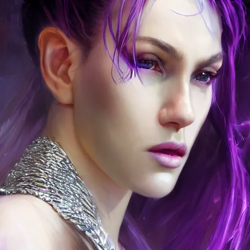 Prompt: beautiful close up portrait vampire purple ponytail, crystal armor, elegant, detailed. epic cinematic hyperrealism masterpiece. realistic poster with shaded lighting by craig mallismo, artgerm, jeremy lipkin and michael garmash, unreal engine, radiant light, detailed and complex environment, digital art, art station trends, detailed faces, detailed eyes