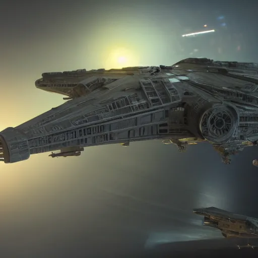 Image similar to hyperrealistic jeff goldblum piloting millennium falcon, stunning 3 d render inspired by istvan sandorfi & xiang duan, perfect symmetry, dim volumetric cinematic lighting, 8 k octane comprehensive render, extremely mega hyper - detailed and lifelike attributes & atmosphere, intricate, realistic flesh texture, masterpiece, artstation, stunning,