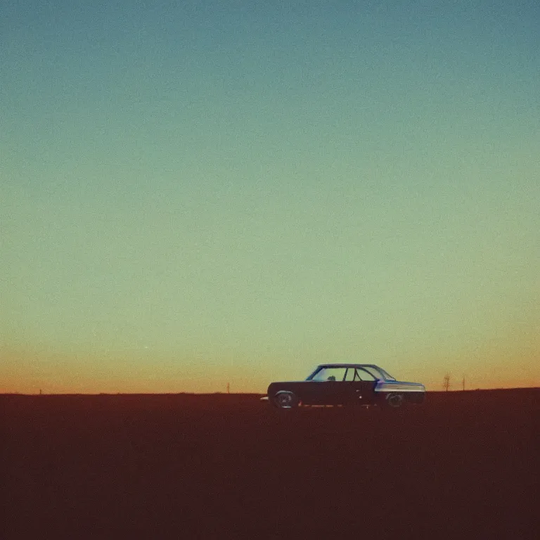 Image similar to 1 9 7 0 s car with exposed circuit boardy, silhouettes in field behind, film photo, soft lighting album cover, nostalgia, turquoise gradient