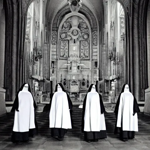 Prompt: award winning photo Floating nuns,Very long arms, in a sanctuary, eerie, frightening —width 1024 —height 1024