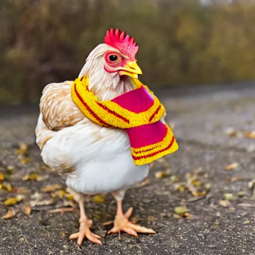 Image similar to A chicken wearing a scarf,