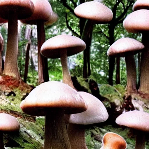 Image similar to mushrooms are the actual flying saucers, hallucination, psychedelics, dreamy, groovy, modern,