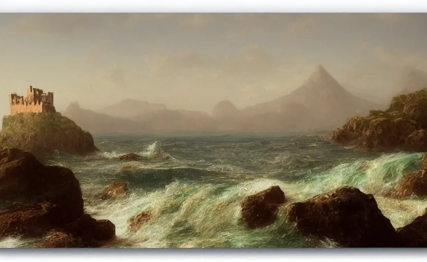 Image similar to view of the ocean, large waves, small castle in the distance, close up shot, rocky, at dusk, distant mountains, 4k, rule of thirds, extreme detail, hazy, intricate ink illustration, surreal, surrealist, trending on artstation, cgsociety, hd, calm, complimentary colours, realistic lighting, by Albert Bierstadt, Frederic Edwin Church.