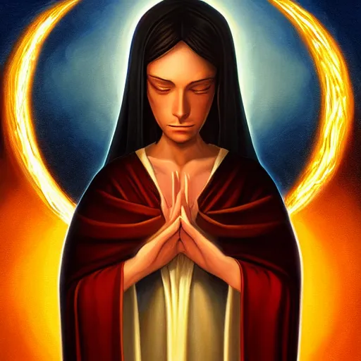 Image similar to a painting of Lindsay Sterling as the Messiah by Ross Tran, Bruce Timm and Vladimir Kush, highly detailed digital art, holy aura, serene expression