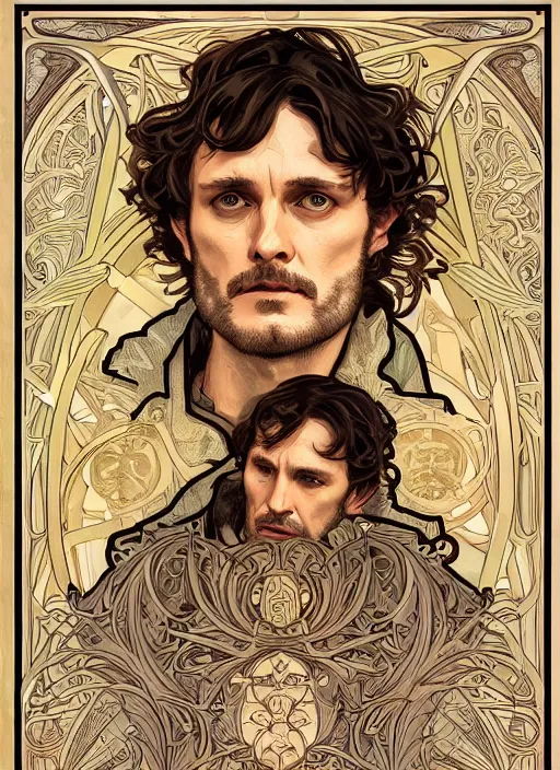 Prompt: Will Graham from NBCs Hannibal in portrait Alphonse Mucha art nouveau style, brutal, epic, intricate, elegant, highly detailed, digital painting, 4k, HDR, concept art, smooth, sharp focus, illustration, art by alphonse mucha,artgerm, H R Giger