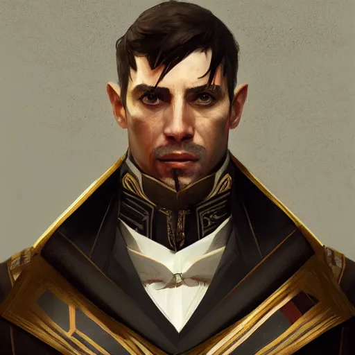 Image similar to a portrait of a noble man in the style of dishonored videogame, digital painting, trending on artstation, detailed, greg rutkowski,