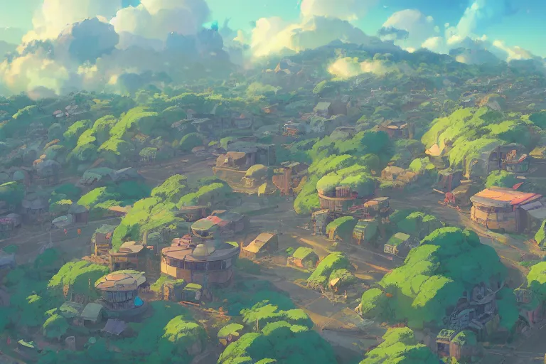 Image similar to abandoned steam punk village on a mountain look from above, fogged in the colorful clouds style of makoto shinkai studio ghibli, james gilleard greg rutkowski chiho aoshima, rule of thirds golden ratio, fake detail, trending pixiv fanbox