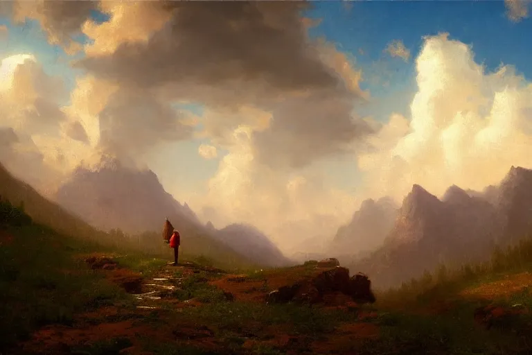 Prompt: a traveler wandering trough the mountains looking at the clouds, very detailed, oil painting, cinematic lighting, albert bierstadt, trending on artstation, colorful, canvas