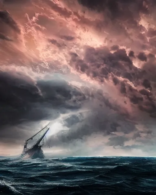 Image similar to a fishing boat on stormy seas, a gigantic star destroyer spaceship flying overhead, the gigantic star destroyer spaceship is emerging from storm clouds, sunset lighting, stormy weather, dramatic lighting, unreal engine, hyper realism, realistic shading, cinematic composition, realistic render, octane render, detailed textures, photorealistic, ultrawide shot, 1 6 mm lens