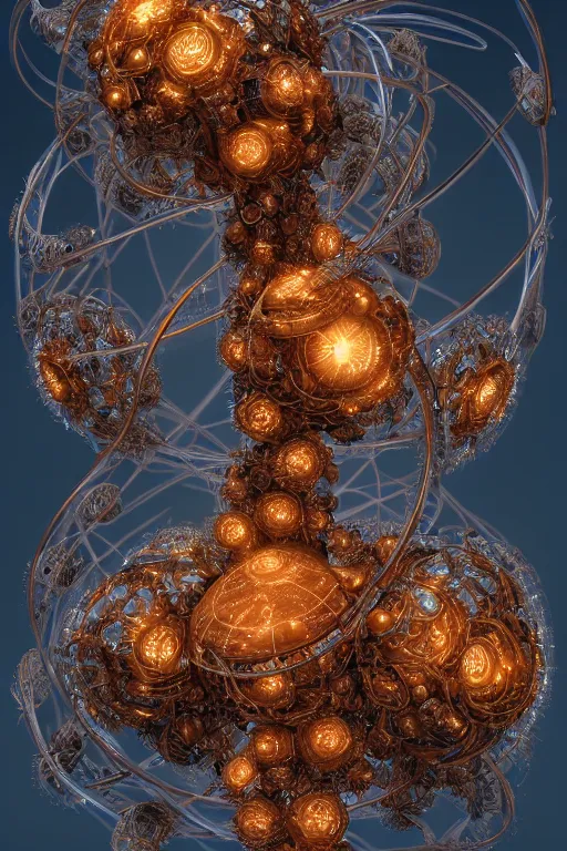 Image similar to a mystical spiral fractal cyborg made of scrap metal and glowing spherical balls and leaves and feathers, 3 d, trending on artstation, octane render, 8 k, by donato giancola