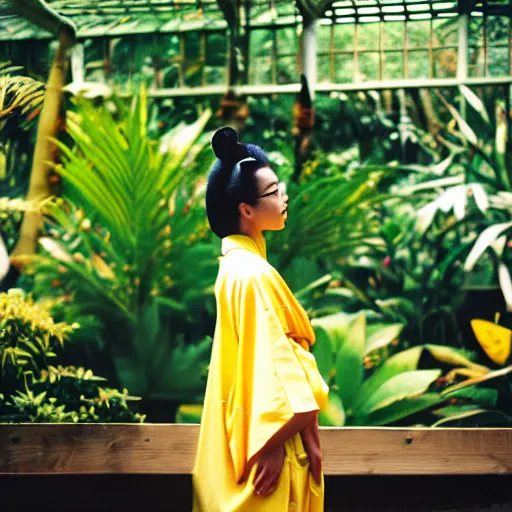 Prompt: Medium format photograph of an perfect woman wearing a yellow kimono in a tropical greenhouse, bokeh