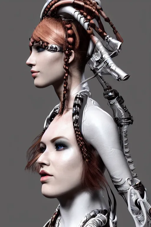 Prompt: white cyborg fashion shot, maasai warriors, copper spiral hair decorations, white elegant baroque design, pretty face, punk hair, photorealistic, 8k, hyper detailed, unreal engine, trending on artstation,