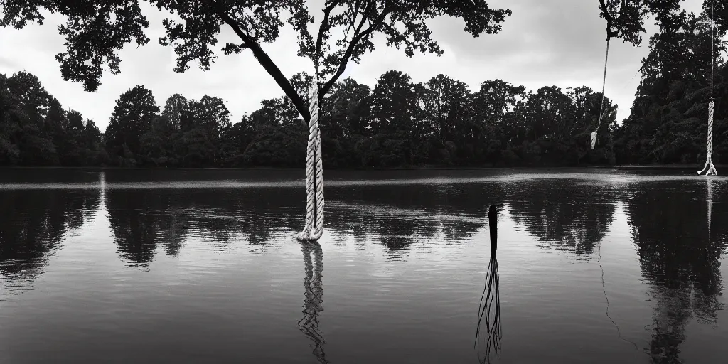 Prompt: symmetrical photograph of an infinitely long rope floating on the surface of the water, the rope is snaking from the foreground stretching out towards the center of the lake, a dark lake on a cloudy day, trees in the background, anamorphic lens directed by charlie kaufman