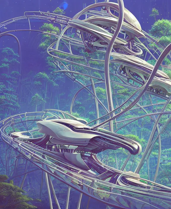 Prompt: simplicity, elegance, a roller coaster building made out of bizarre organic creatures, in the style of a streamlined asymmetrical spaceship, overgrown with flowers, sun - drenched environment, by dan mumford, yusuke murata, makoto shinkai, ross tran, cinematic, unreal engine, cel shaded, featured on artstation, pixiv