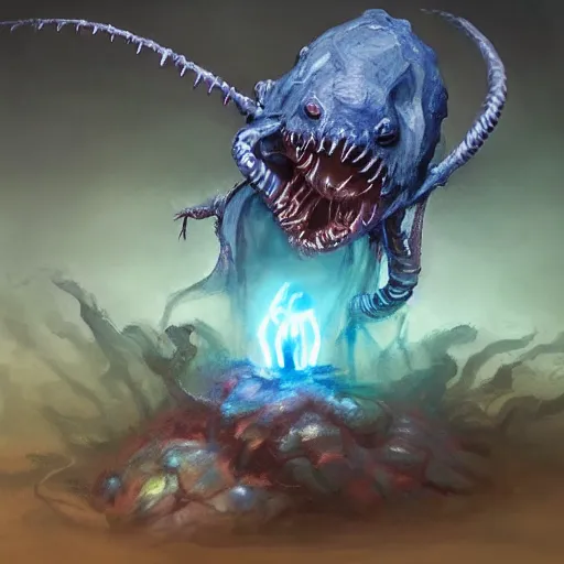 Prompt: larvae creature writhing on dirt ground as blue light glows from its abdomen, trending on artstation, magic the gathering, style of Brad Rigney and Greg Manchess, masterpiece