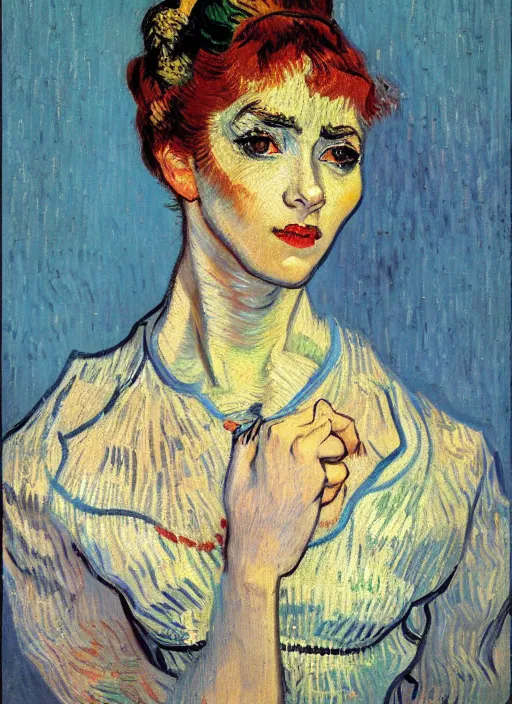 Image similar to !! portrait of a beautiful parisian dancer!!, detailed face, symmetrical painting, beautiful expressionist oil painting masterpiece, 8 k resolution, by van gogh, smooth, sharp focus, pastel color palette, trending on artstation