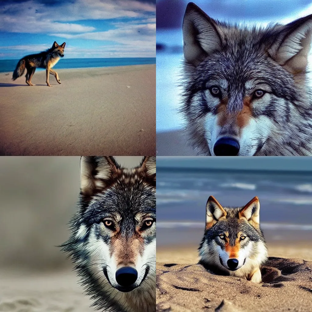 Prompt: very very very very beautiful picture of a wolf on a beach, realistic