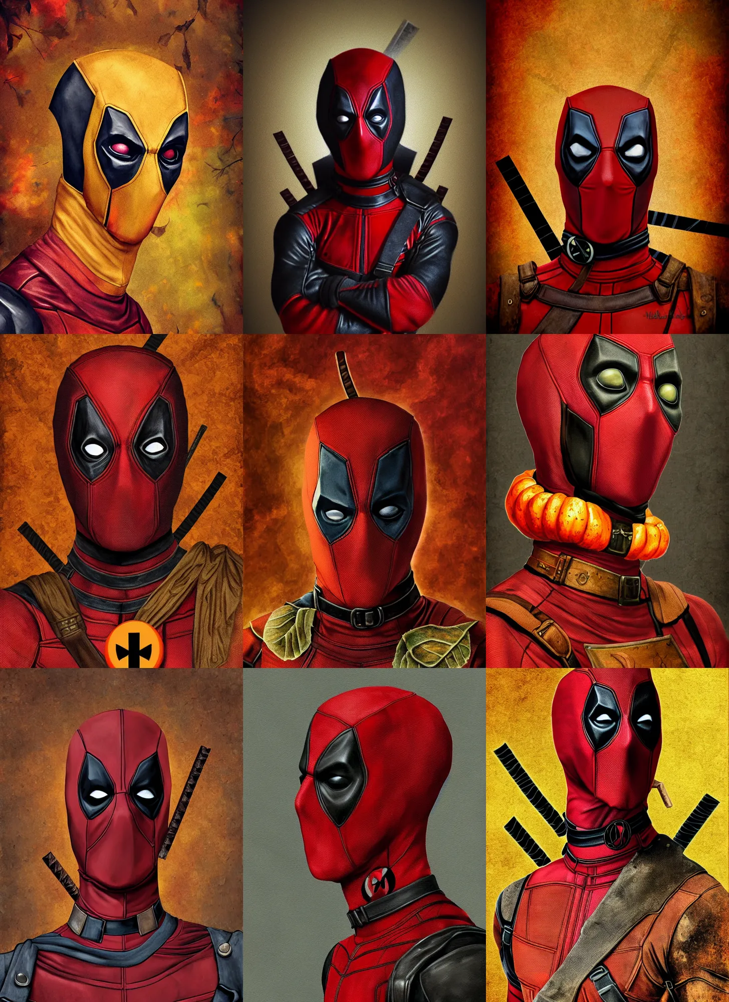 Prompt: renaissance autumnal, deadpool portrait!! in the style of micherlangelo, a surrealist painting, polycount, behance, surrealism, surrealist, lovecraftian, cosmic horror, grotesque, fantasy, portrait, highly detailed, large brush strokes