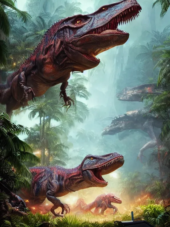 Prompt: photo of 8k ultra realistic Jurassic park, t-rex , full of colour, cinematic lighting, battered, trending on artstation, 4k, hyperrealistic, focused, extreme details,unreal engine 5, cinematic, masterpiece, art by Peter Mohrbacher