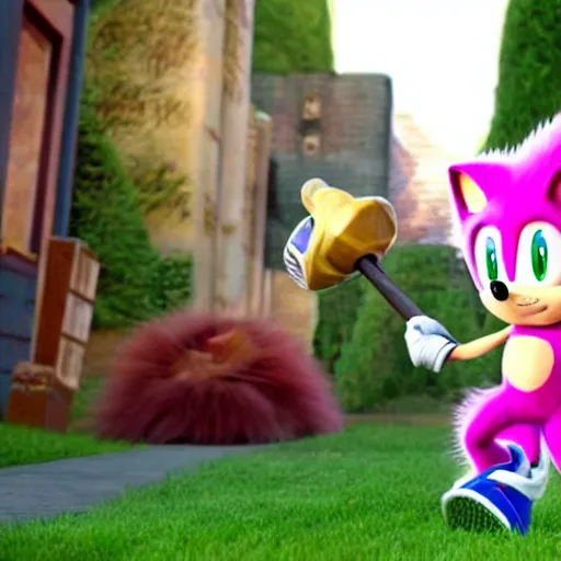 Prompt: Leaked image of Amy Rose holding her hammer in the upcoming Sonic the Hedgehog movie by Paramount, promotional image, Amy Rose red dress, pink fur, eyelashes, HD