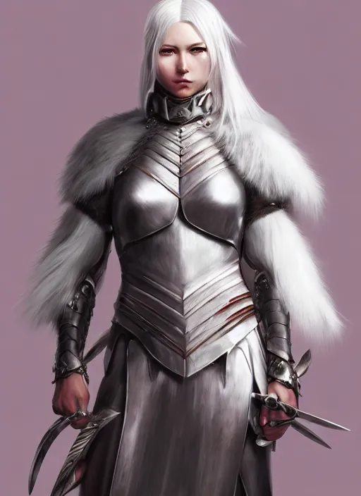 Image similar to warrior, fur leather armor!!! beautiful and elegant white hair female!! gorgeous ayes!! character concept art, sharp focus, octane render! unreal engine 5! highly rendered!! trending on artstation!! detailed linework!! illustration by artgerm, wlop, and chie yoshii