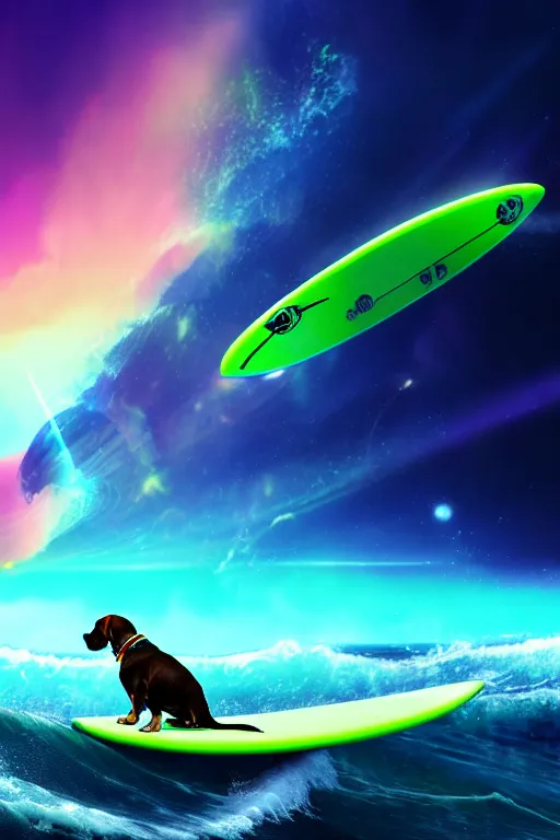 Prompt: beagle dog surfing a surfboard on a crashing l wave of alien ocean in space, background is 👽, aliens in the background, alien neon colors, octane render, unreal engine, wide view, 8 k, highdetaild