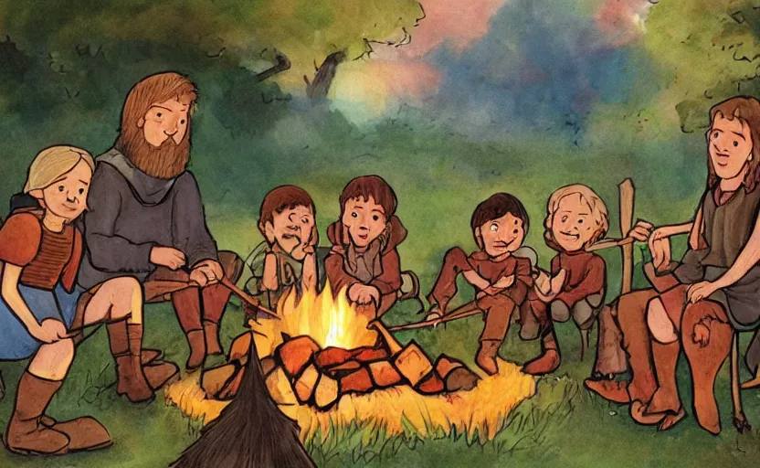 Image similar to childrens book illustration of the fellowship of the ring making s'mores around a campfire