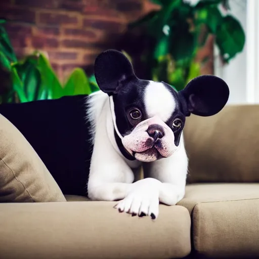 Prompt: a dog that looks like mickey mouse, white face, black body, black nose, black sharp ears, sitting down on a sofa, house plants in the background, indoors, dim light, photograph, 4 k, shot on iphone