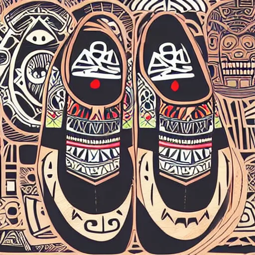 Image similar to sneaker design designed by studio ghibli, aztec mayan street fashion native punk sneaker design, majora's mask, wearing wooden mask, hip hop sneaker design with subtle mayan patterns, gapmoe yandere grimdark, trending on pixiv fanbox, painted by greg rutkowski makoto shinkai takashi takeuchi studio ghibli, akihiko yoshida