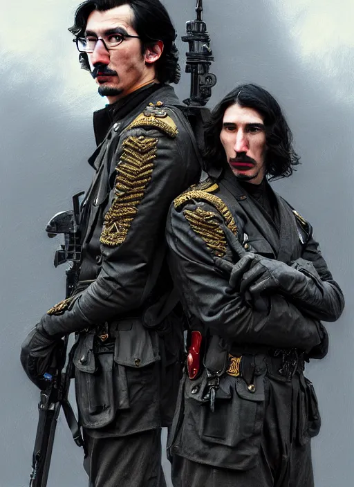 Image similar to a portrait of john oliver and adam driver posing together, stoic, military uniform, fantasy, intricate, elegant, beautiful, highly detailed, charcoal, centered, dark, smokey, digital painting, artstation, concept art, smooth, sharp focus, illustration, art by artgerm and greg rutkowski and alphonse mucha