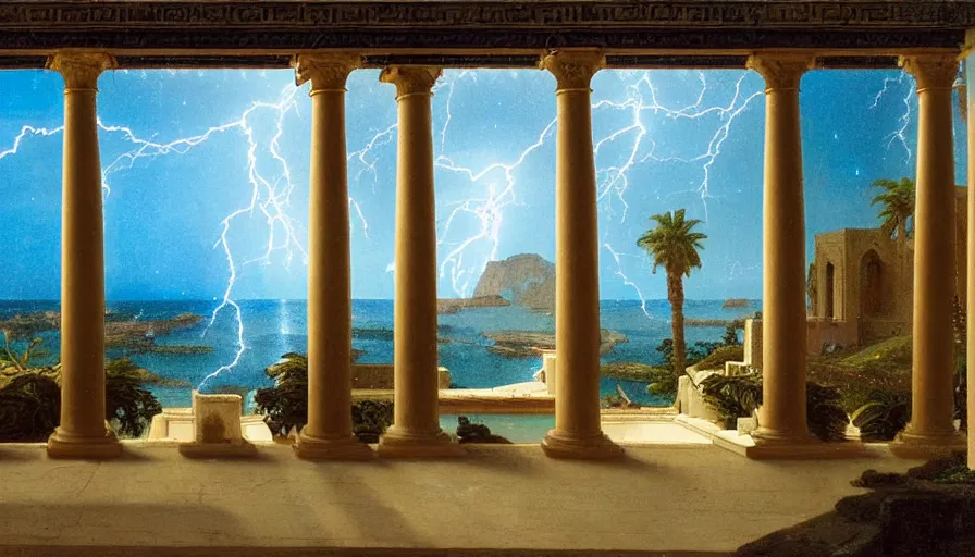 Image similar to From Inside the giant Palace, mediterranean balustrade and columns, refracted line and sparkles, thunderstorm, greek pool, beach and Tropical vegetation on the background major arcana sky and occult symbols, by paul delaroche, hyperrealistic 4k uhd, award-winning, very detailed paradise