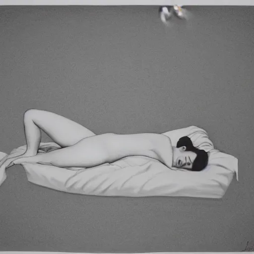 Prompt: expressive by jeff wall, by nobuo sekine. a drawing of a woman reclining on a bed.