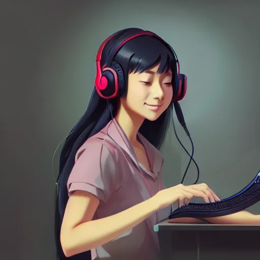 Image similar to beautiful young asian woman with long hair, with gaming headset, cute, playing on a comuter, realistic, detailed, cel shaded, in the style of makoto shinkai and greg rutkowski and james gurney