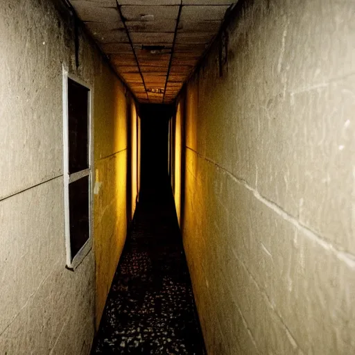 Prompt: creepy derelict tiled corridor at night