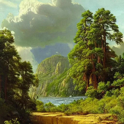 Image similar to painting of a lush natural scene on an alien planet by ivan shishkin. beautiful landscape. weird vegetation. cliffs and water.