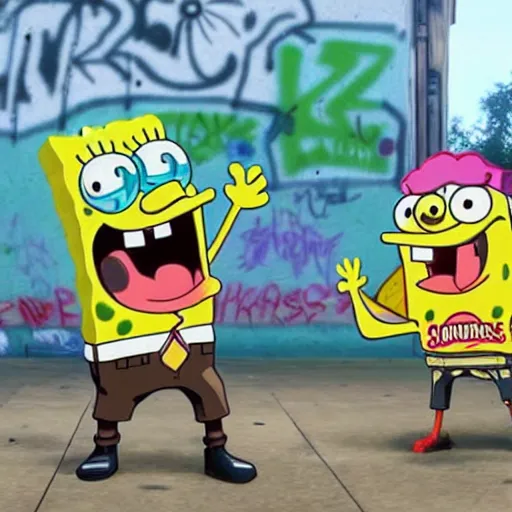 Image similar to Realistic SpongeBob and Sandy rapping, wearing rap outfits and bandanas, standing on the street, surrounded by a crowd, wide angle shot, HDR, 4k, the earth is quaking under their feet from the music which cracks the ground, shockwaves are coming out, graffiti in the background, details faces, visible eyes, unreal engine