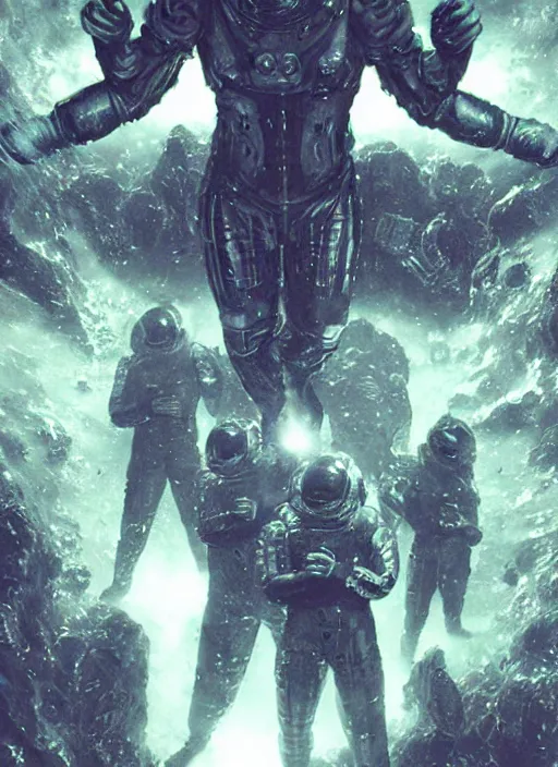 Image similar to astronauts in dark void underwater - complex and hyperdetailed technical suit. reflection and dispersion materials. rays and dispersion of light. volumetric light. f / 3 2. noise film photo. flash photography. ultra realistic, wide angle. poster by wayne barlowe, hajime sorayama aaron horkey, craig mullins