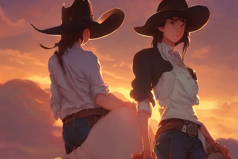 Image similar to western cowgirl, single centered subject, mid shot, ambient lighting, detailed face, by makoto shinkai, stanley artgerm lau, wlop, rossdraws