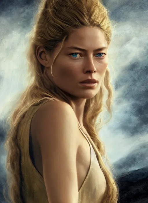 Prompt: doutzen kroes in lotr, portrait, high quality, 8 k, soft lighting, realistic face, path traced, by frank frazetta, simon bisley, brom