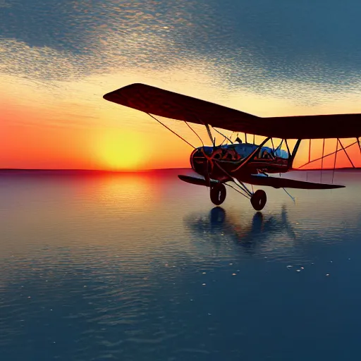 Prompt: a small engine biplane taking off over a lagoon in Thailand, sunset, synthwave, highly detailed, Ultra HD, unreal engine,