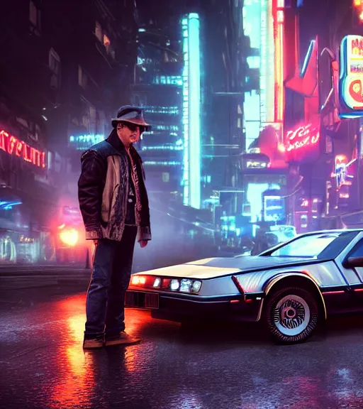 Image similar to marty mcfly standing besides a steampunk delorean in a cyberpunk city, neon signs, futuristic, realistic, 8 k, extremely detailed, cgi, trending on artstation, hyper - realistic render, 4 k hd wallpaper, premium prints available, by greg rutkowski, esuthio, craig mullins, dystopian scifi gear, gloomy