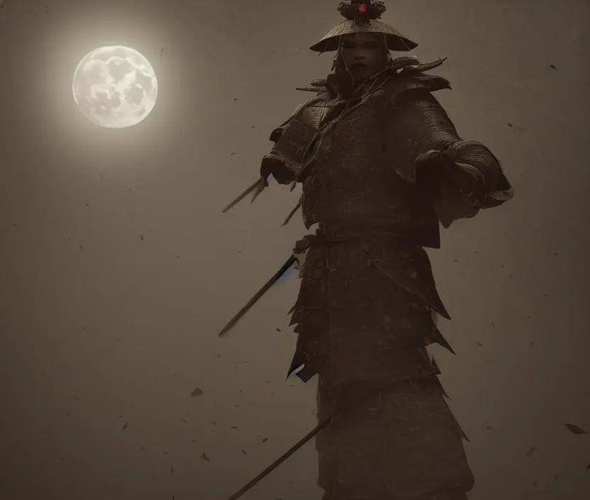 Image similar to a samurai haunted by ghosts full moon on background , gloomy and foggy atmosphere, octane render, artstation trending, horror scene, highly detailded