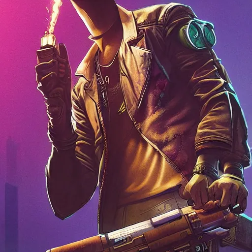 Image similar to Ezra. cyberpunk mercenary smoking a cigar. Style of James Gurney and Mœbius. (Cyberpunk 2077. Blade Runner. Apex Legends. The matrix)