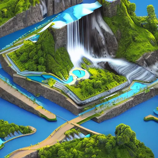 Image similar to new york surrounded by waterfalls on a floating island in the sky, low poly art, isometric art, 3d render, ray tracing, high detail, artstation, concept art, behance, smooth, sharp focus, ethereal lighting, unreal engine 5