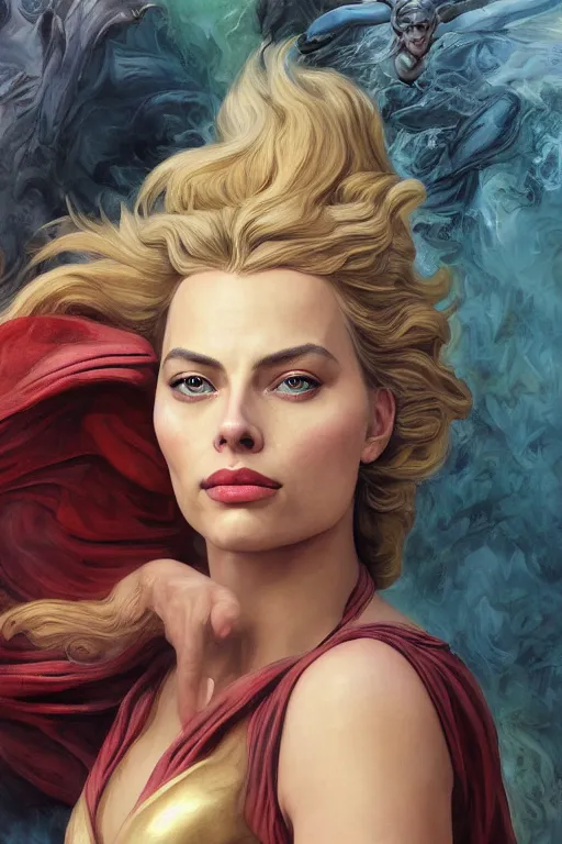 Image similar to A fantasy comic book style portrait painting of Margot Robbie, Scarlett Johansson, as an Atlantean Reptilian Warrior, Mystical Valkyrie, François Boucher, Oil Painting, unreal 5, DAZ, hyperrealistic, octane render, Regal, Refined, Detailed Digital Art, RPG portrait, William-Adolphe Bouguereau, Michael Cheval, Walt Disney (1937), Steampunk, dynamic lighting, Highly Detailed, Cinematic Lighting, Unreal Engine, 8k, HD