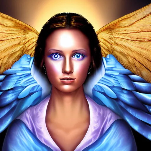 Image similar to Epic Professional digital airbrushed self-portrait of a female angel. she looks straight ahead. her deep blue eyes are beautiful and inspiring peace.