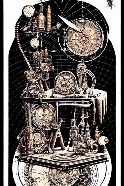 Image similar to a majestic steampunk alchemists weighing scale, furniture, high details, bold line art, by vincent di fate and joe fenton, inking, etching, screen print, masterpiece, trending on artstation, sharp, high contrast, hyper - detailed,, hd, 4 k, 8 k