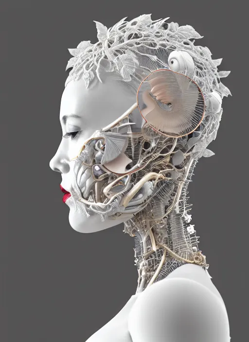 Image similar to complex 3d render ultra detailed of a beautiful porcelain profile woman face, mechanical cyborg, 150 mm, beautiful natural soft light, rim light, studio light, silver gold details, magnolia big leaves and stems, roots, fine foliage lace, mesh wire, intricate details, hyperrealistic, mandelbrot fractal, anatomical, red lips, white metal armor, facial muscles, cable wires, microchip, elegant, Alexander Mcqueen haute couture, octane render, H.R. Giger style, 8k