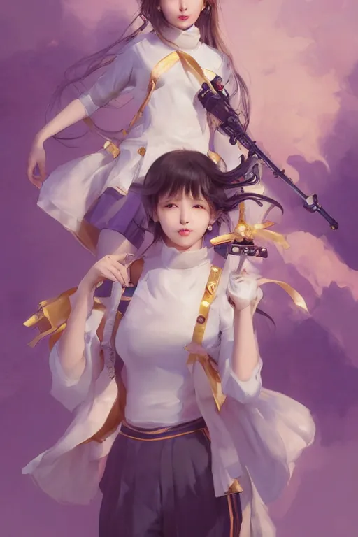 Prompt: Full View portrait of Eunha and other girls from Viviz and gFriend wearing a purple military uniform and short puffy pants, white leggings, Golden Ribbon, and a billowy scarf making a cute pose. masterpiece 4k digital illustration by Ruan Jia and Mandy Jurgens and Artgerm and greg rutkowski, award winning, Artstation, art nouveau aesthetic, Alphonse Mucha background, intricate details, realistic, panoramic view, Hyperdetailed, 8k resolution, intricate art nouveau